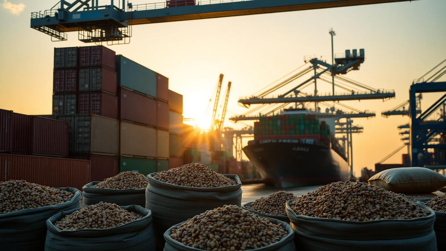 Shipping containers, grain sacks and a cargo vessel at an international port at golden hour