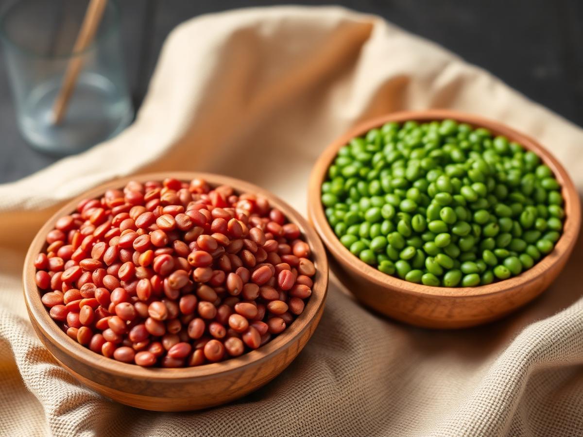 Red and green lentils in wooden bowls — illustrative international sourcing category